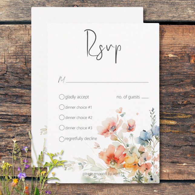Cartão RSVP Casamento Moderno de Pastel Loose Wildflower (Pastel Loose Wildflowers Modern Wedding RSVP Card)