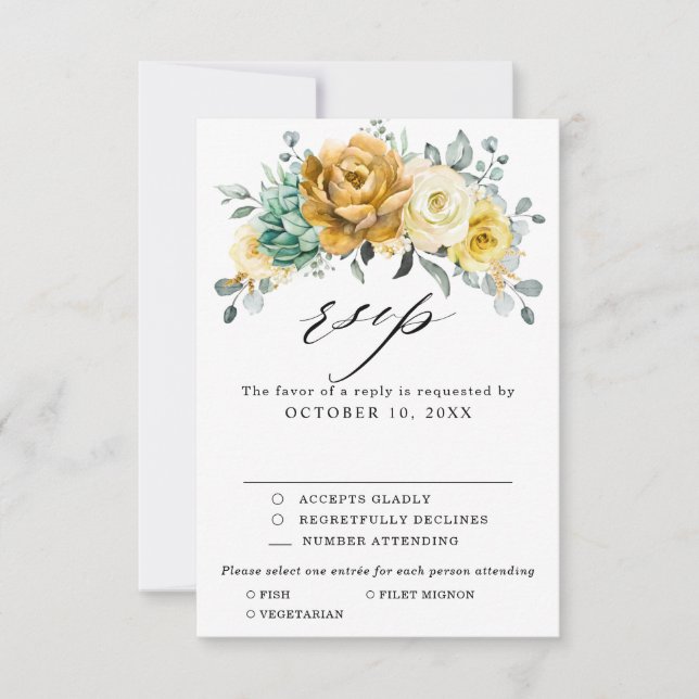 Cartão RSVP Casamento Moderno de Sage Floral Amarelo de Mostar (Frente)