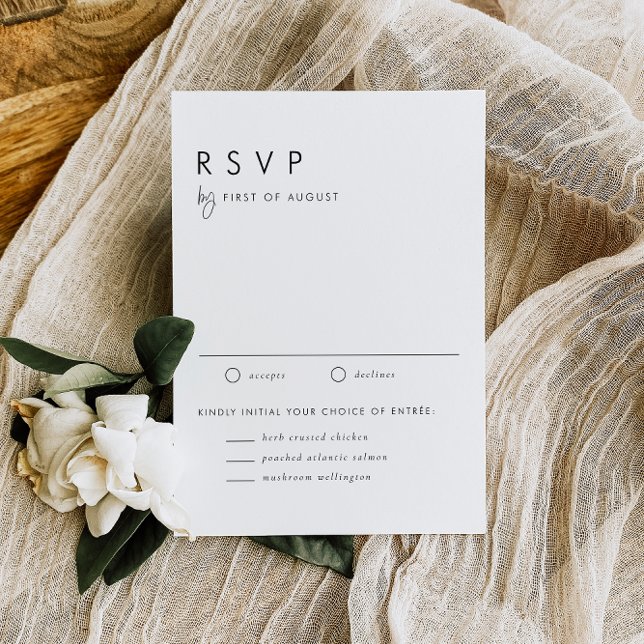 Cartão RSVP Casamento Moderno de Script Manuscrito Mínimo Negr (This minimalist wedding RSVP card combines clean typography with minimalist handwritten script.)