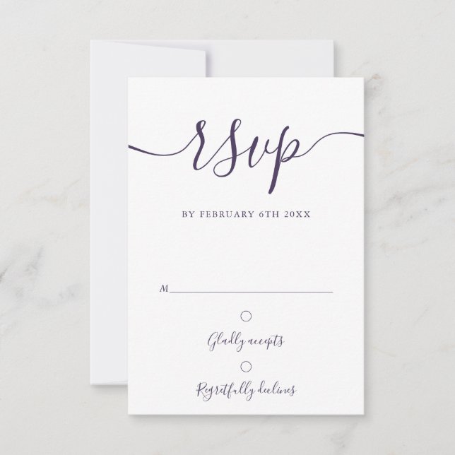 Cartão RSVP Casamento Moderno de Script Roxo Elegante (Frente)