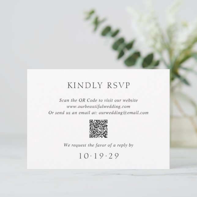 Cartão RSVP Casamento Moderno do Código QR Branco e Preto Eleg (Em pé/Frente)