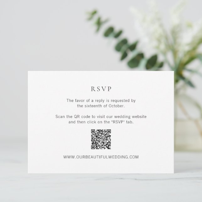 Cartão RSVP Casamento Moderno do Código QR Branco e Preto Limp (Em pé/Frente)