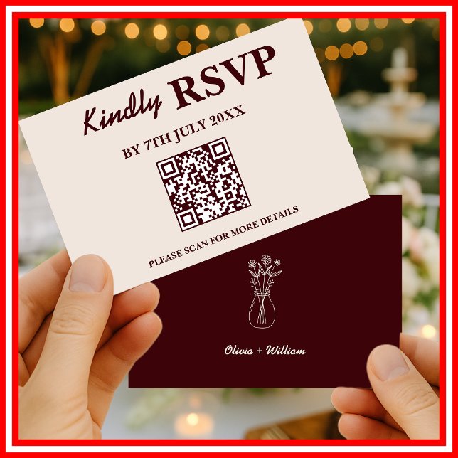 Cartão RSVP Casamento Moderno Elegante em Borgonha com QR CODE (Criador carregado)
