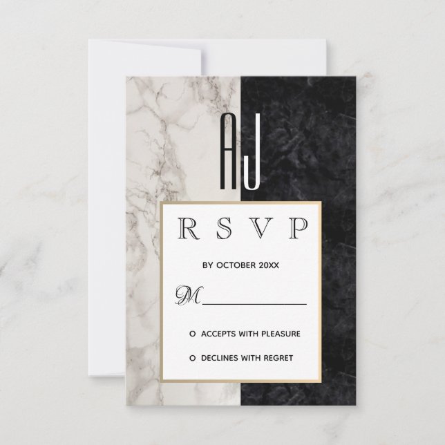 Cartão RSVP Casamento Moderno Elegante em Mármore Preto Branco (Frente)