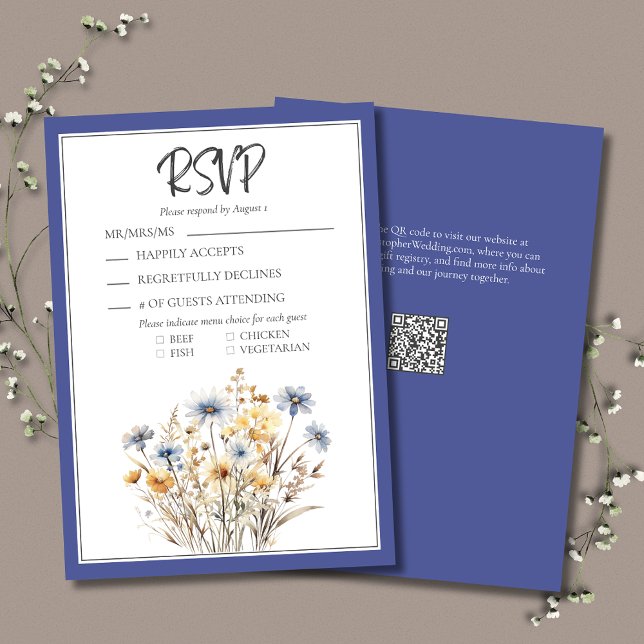 Cartão RSVP Casamento Moderno Elegante Formal de Flores Selvag (Blue Wildflowers Formal Elegant Wedding RSVP Card with Menu Options, QR Code.)