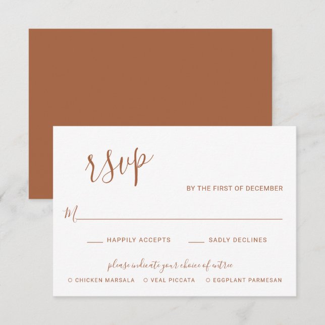 Cartão RSVP Casamento Moderno Elegante Terracotta (Frente/Verso)