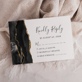 Cartão RSVP Casamento Moderno em Ágata Dourada Preta