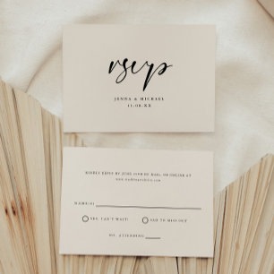 Cartão RSVP Casamento Moderno Minimalista Bege Script