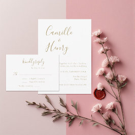 Cartão RSVP Casamento Moderno Minimalista Dourado e Branco