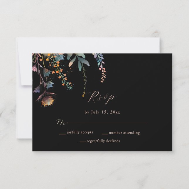 Cartão RSVP Casamento Moderno Negro Botânico Watercolor (Frente)
