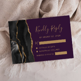 Cartão RSVP Casamento Moderno Preto Dourado Ágata Roxo Fundo