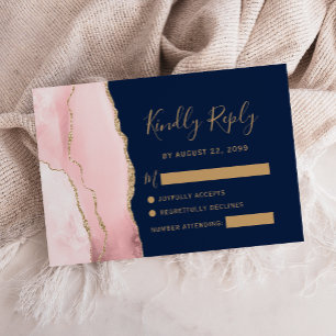 Cartão RSVP Casamento Moderno Rosa Dourado Ágata Azul Marinho
