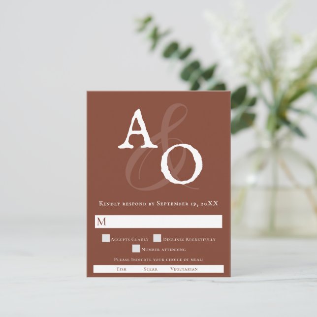 Cartão RSVP Casamento Monográfico Minimalista Laranja-Laranja  (Em pé/Frente)