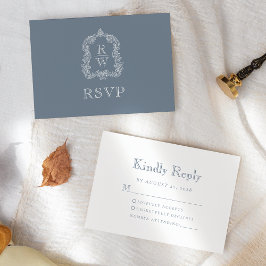Cartão RSVP Casamento Monograma Crest Azul Empoeirado