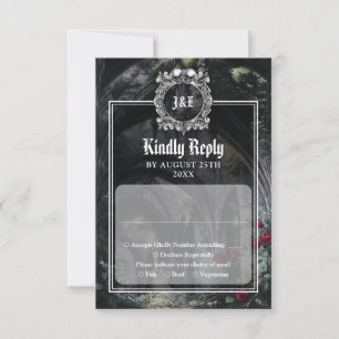 Cartão RSVP Casamento Monograma Floral de Rosas Ruínas Góticas
