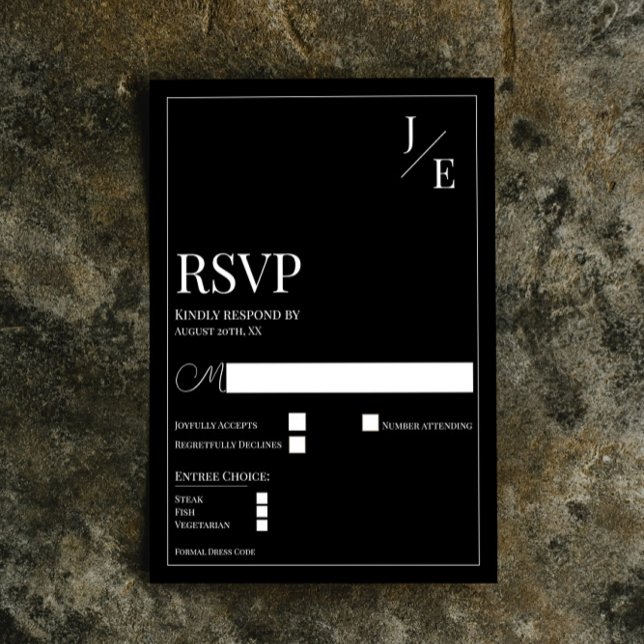 Cartão RSVP Casamento Monograma Minimalista | Preto (Black Minimalist Monogram Wedding RSVP Card)