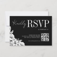 Casamento Monograma QR Floral Preto Branco Rústico