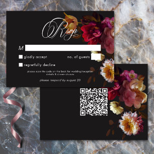 Cartão RSVP Casamento Moody Preto Floral Pintura Vermelho Borg