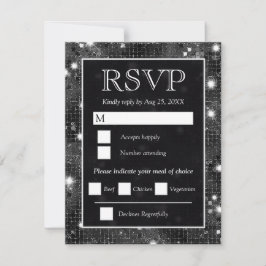 Cartão RSVP Casamento Mosaico Preto Prateado Glitter Elegante
