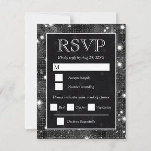 Cartão RSVP Casamento Mosaico Preto Prateado Glitter Elegante