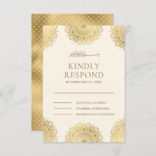 Cartão RSVP Casamento Muçulmano de Creme e Motif Asiático Dour
