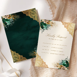 Cartão RSVP Casamento Muçulmano de Emerald Floral Dourado Lace