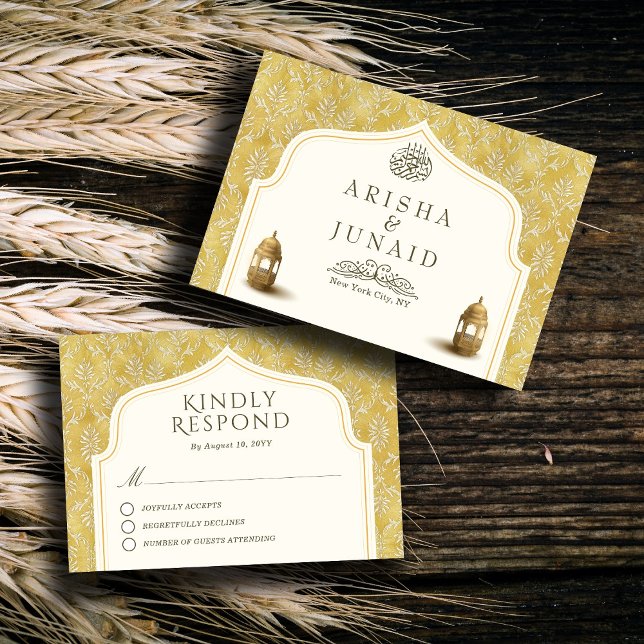 Cartão RSVP Casamento Muçulmano do Ouro Real Islâmico Damask (Criador carregado)