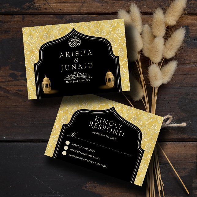 Cartão RSVP Casamento Muçulmano do Ouro Real Islâmico Damask (Criador carregado)