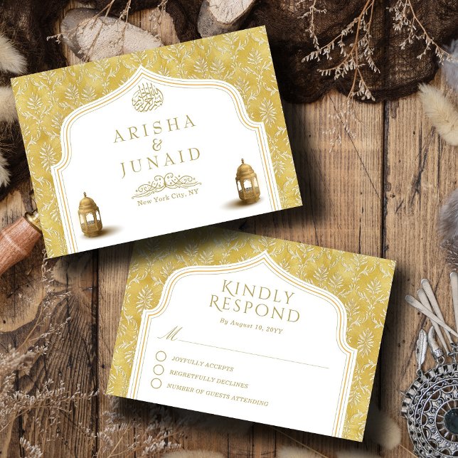 Cartão RSVP Casamento Muçulmano do Ouro Real Islâmico Damask (Criador carregado)