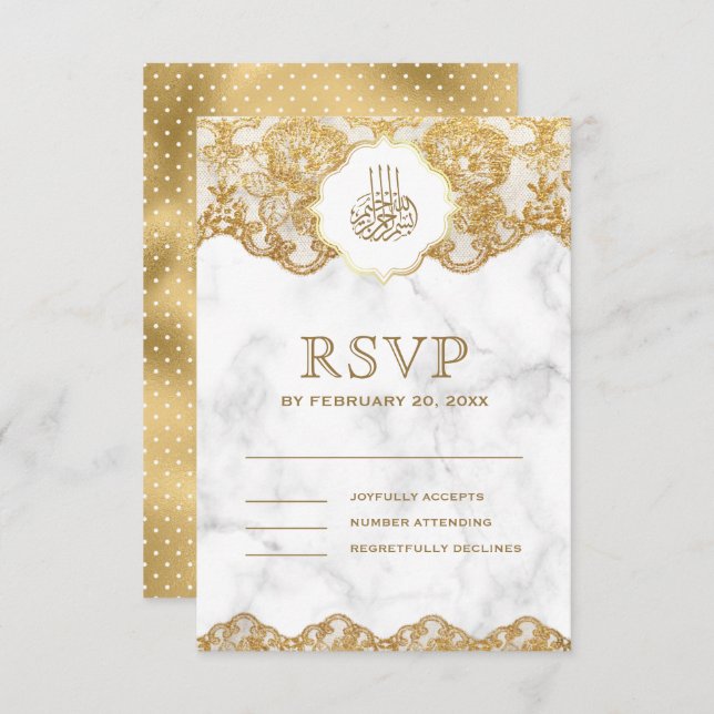 Cartão RSVP Casamento Muçulmano Islâmico do Colar de Ouro Bran (Frente/Verso)
