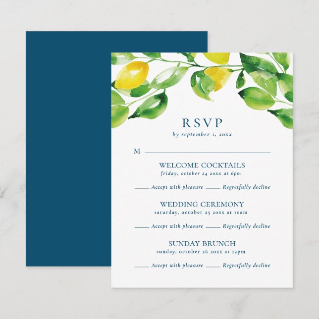 Cartão RSVP Casamento Multievento com Lemons e Foliage (Frente/Verso)