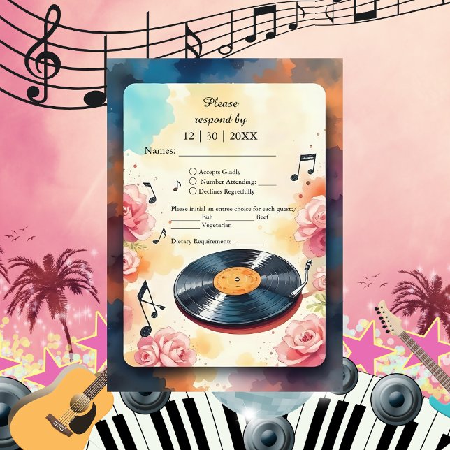 Cartão RSVP casamento musical floral com aquarela (Criador carregado)