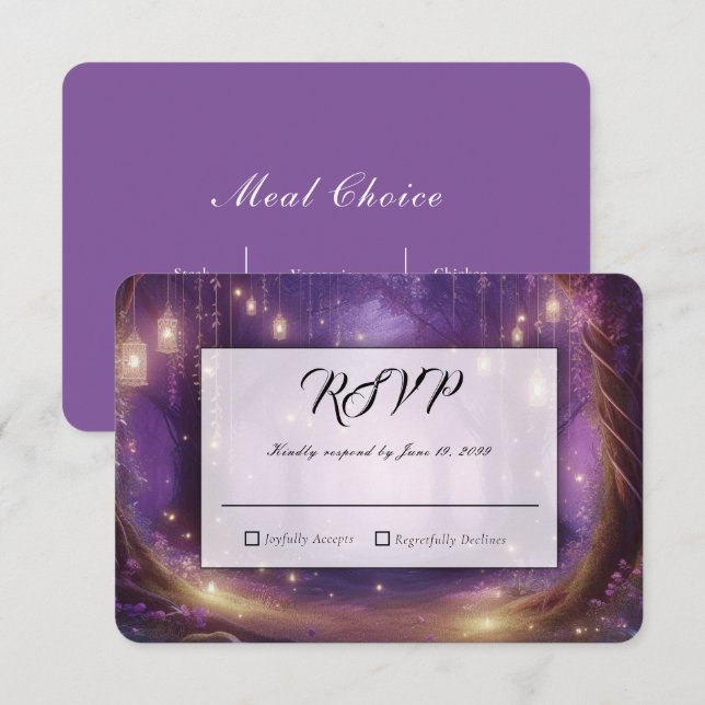 Cartão RSVP Casamento na Floresta Encantada de Violeta à Meia- (Frente/Verso)