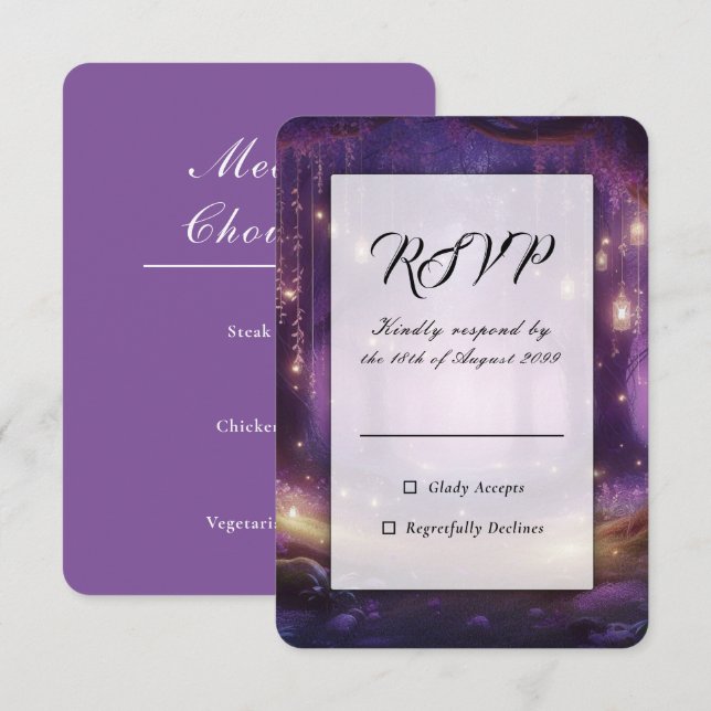 Cartão RSVP Casamento na Floresta Encantada de Violeta à Meia- (Frente/Verso)