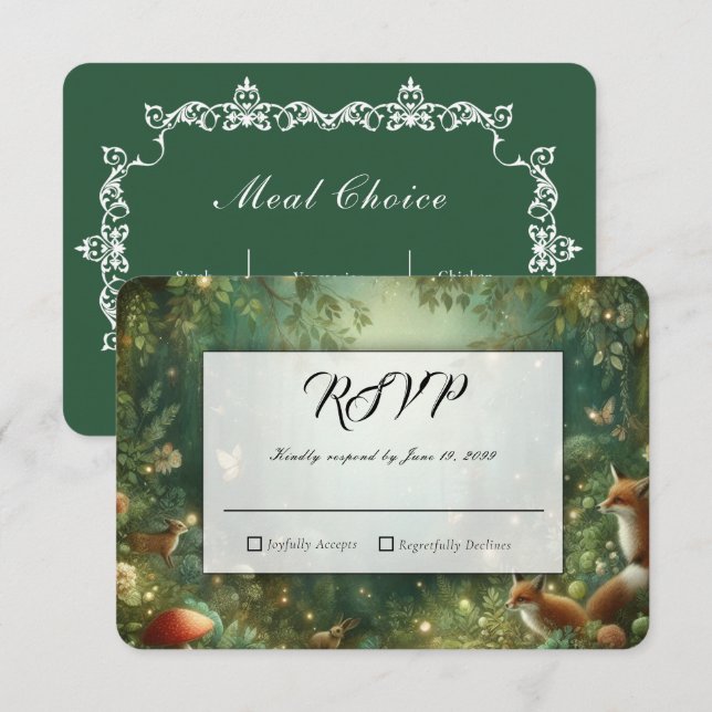 Cartão RSVP Casamento na Floresta Encantada Esmeralda Verde (Frente/Verso)