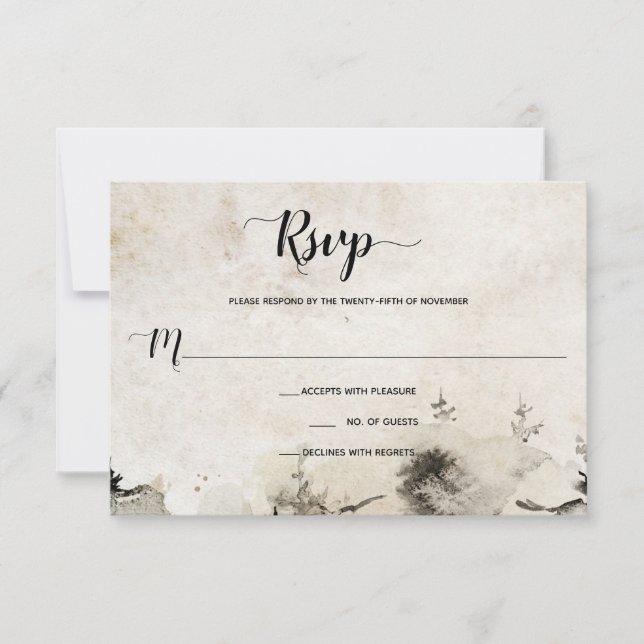 Cartão RSVP Casamento na Montanha Alpina com Aquarela Cinza e  (Frente)