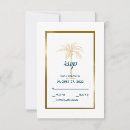 Cartão RSVP Casamento na Praia com Palmeira Tropical Azul Dour