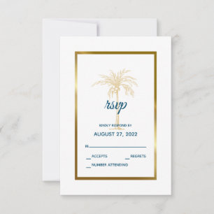 Cartão RSVP Casamento na Praia com Palmeira Tropical Azul Dour
