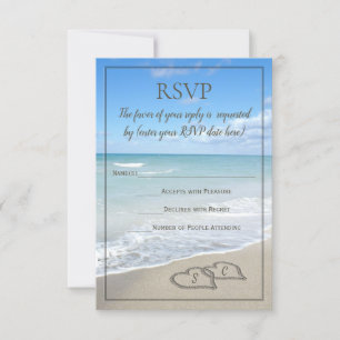 Cartão RSVP Casamento na Praia Corações na Areia Monograma RSV