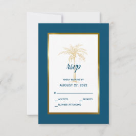 Cartão RSVP Casamento na Praia da Palmeira Azul Dourada do Oce