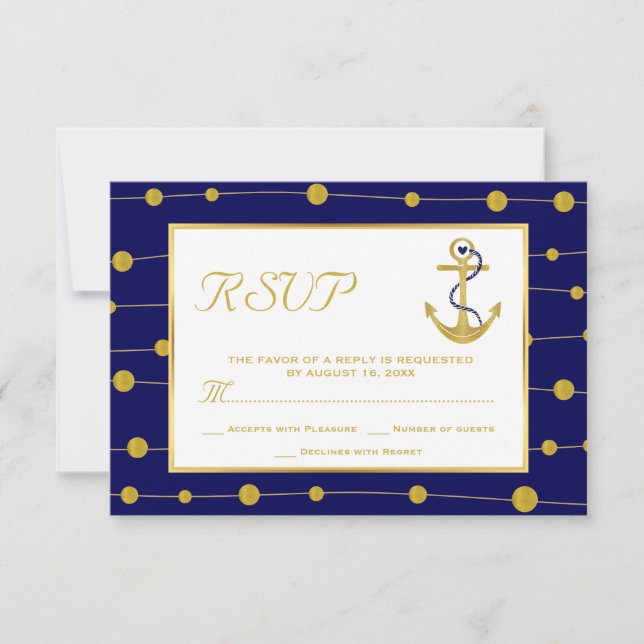 Cartão RSVP Casamento náutico azul marinho da âncora Dourada e (Frente)