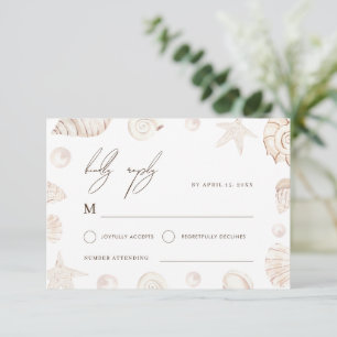 Cartão RSVP Casamento Náutico com Conchas e Pérolas em Aquarel