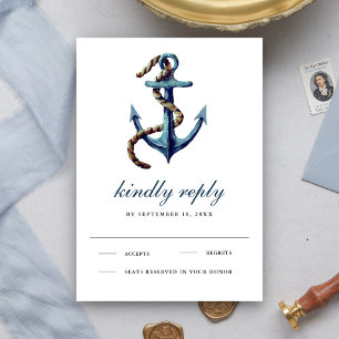 Cartão RSVP Casamento Náutico com Corda de Âncora Azul Naval R