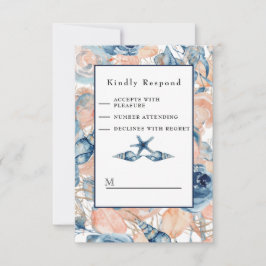 Cartão RSVP Casamento náutico da casca e Rosas do mar de praia