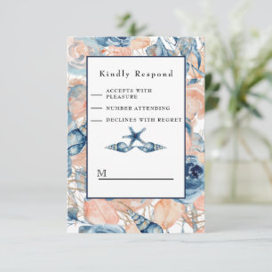 Cartão RSVP Casamento náutico da casca e Rosas do mar de praia