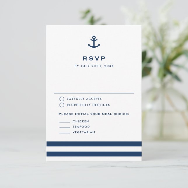 Cartão RSVP Casamento Náutico de Âncora Azul do Marinho Modern (Em pé/Frente)