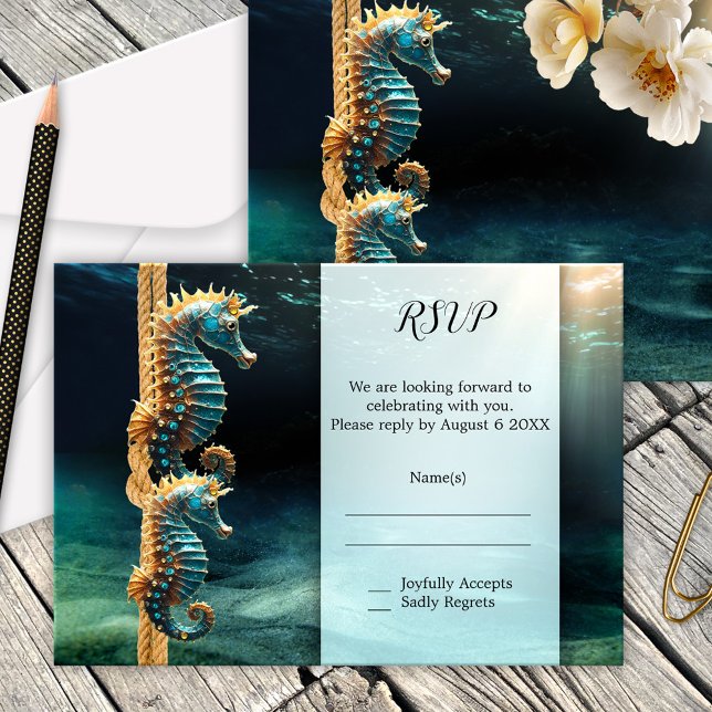 Cartão RSVP Casamento Náutico de Cavalo Marinho (Nautical wedding RSVP or enclosure card with two seahorses in a magical underwater world)
