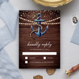Cartão RSVP Casamento Náutico de Madeira Rústica Azul Naval Ân