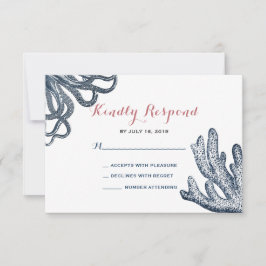 Cartão RSVP Casamento Náutico de Praia marinho Azul Octopus Co