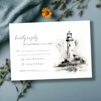 Cartão RSVP Casamento Náutico do Farol Negro e Branco